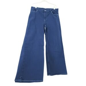 H&M Divided Women 16 High Rise Wide Leg Jeans Dark Blu White Stitch Baggy Grunge